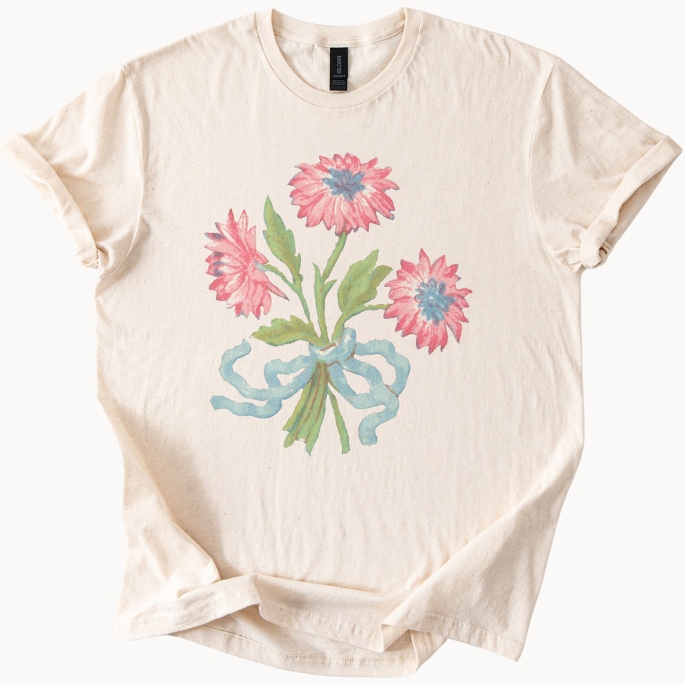 Watercolor Floral Bouquet Graphic Tee Pink Blue Flowers